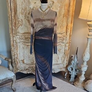 Long Draped Maxi Dress in Navy and Taupe